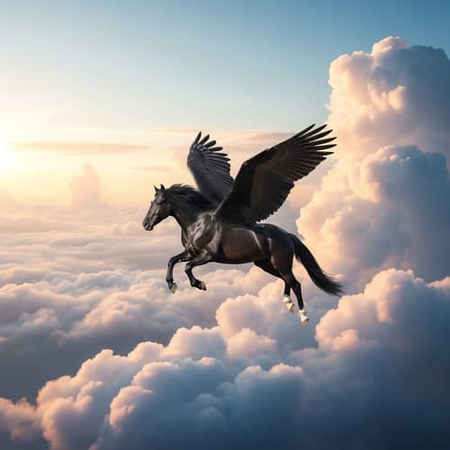 Majestic Black Horse Soaring Through Clouds