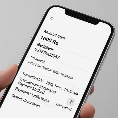 Mobile Payment Receipt: 1600Rs Sent to 03165008057 Sikandar Parveez