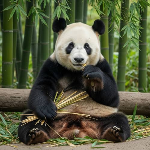 Relaxed Panda Munching Bamboo in Bamboo Forest
