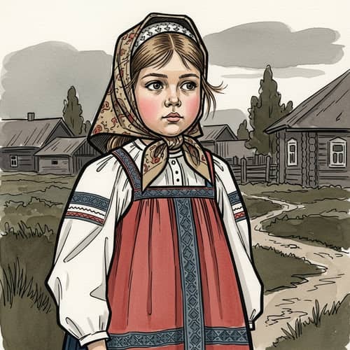 Traditional Russian Attire: Young Caucasian Girl in Ink & Watercolor