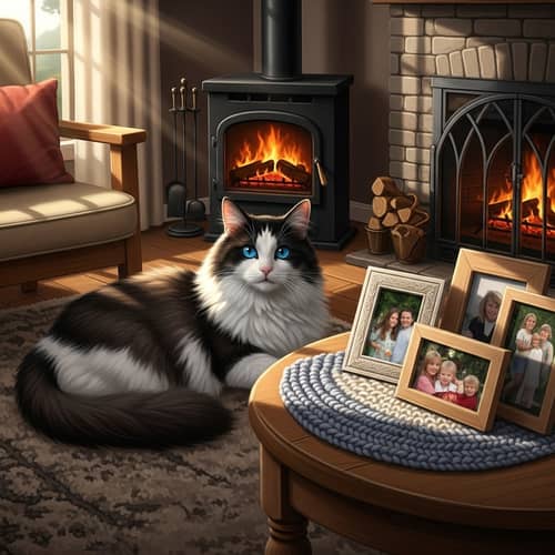 Fluffy Black and White Cat By the Fireplace - Tranquil Scene