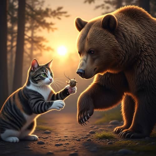 Serene Cat and Bear Friendship at Sunset