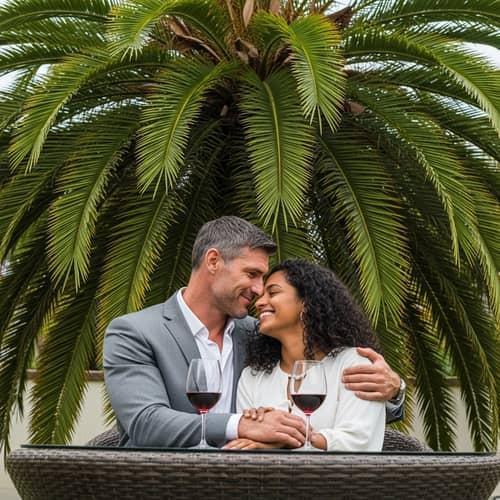 Tropical Romance: Green Palm Tree & Wine Lovers Embrace