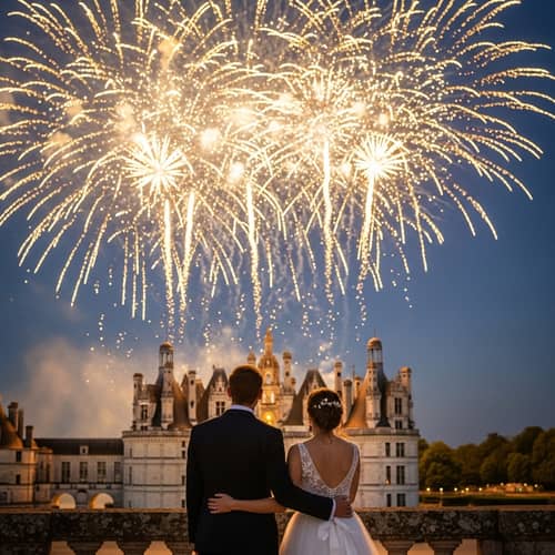 French Wedding Couple with Castle Fireworks Display