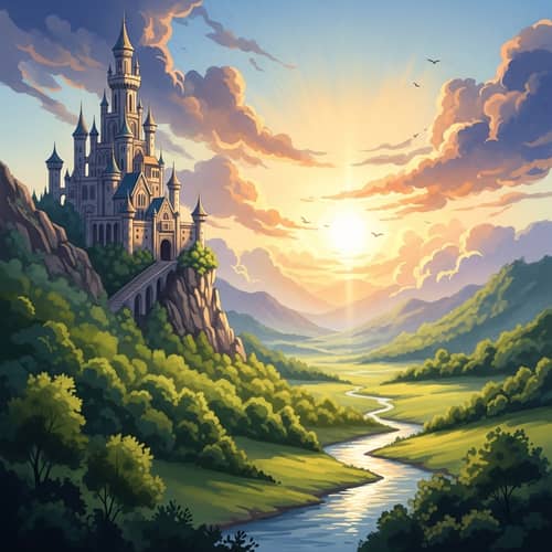 Fantasy Watercolor Castle in Serene Landscape