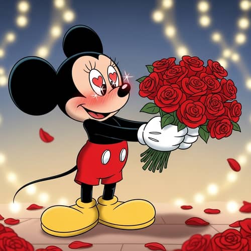 Romantic Mickey Mouse | In Love with Bouquet of Red Roses