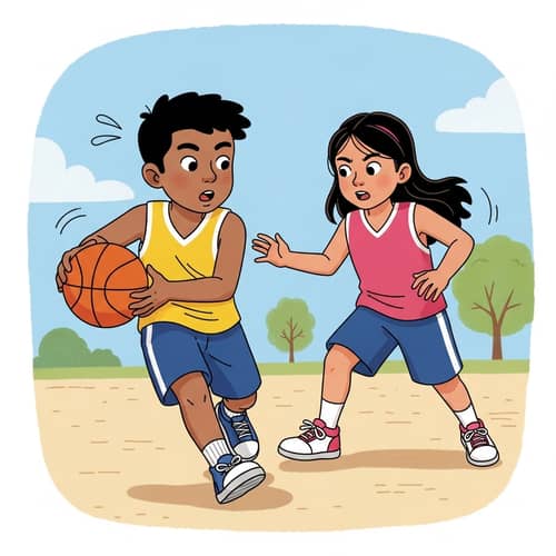 Fun Illustration: South Asian Boy and Hispanic Girl Playing Basketball