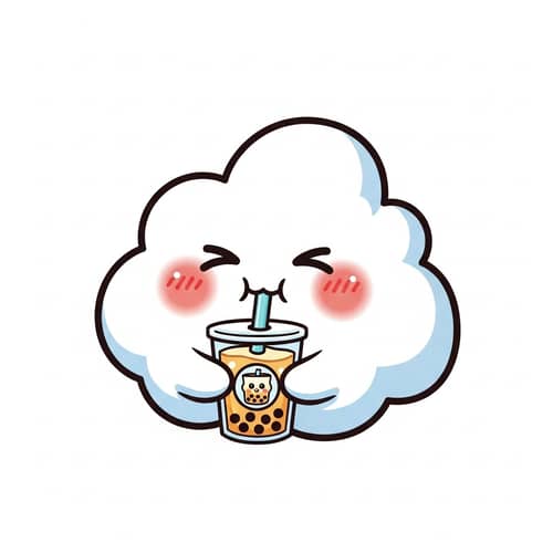 Whimsical Fluffy Cloud Sipping Milk Tea - Cartoon Illustration