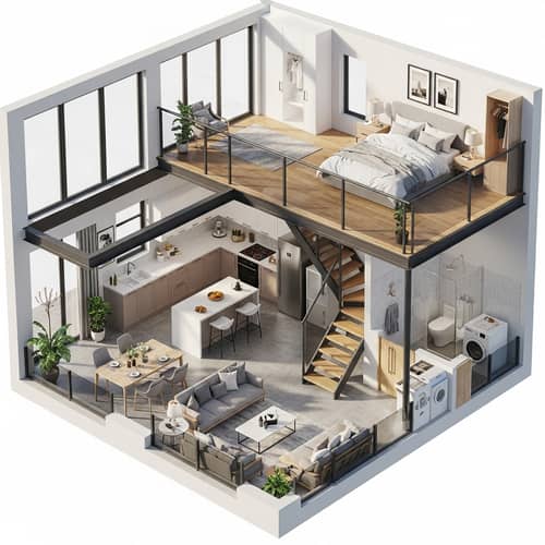 3D Loft House Floor Plan with Open-Concept Living Space