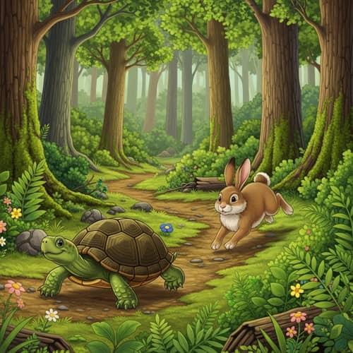 Turtle and Rabbit in Friendly Race Through Lush Forest | Nature Scene
