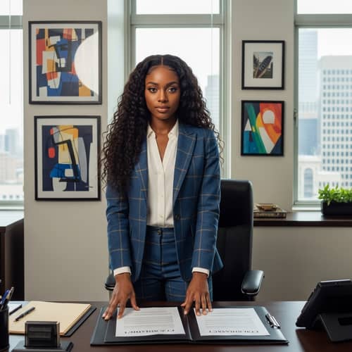 Empowered African American Woman in Stylish Business Suit at Modern Office