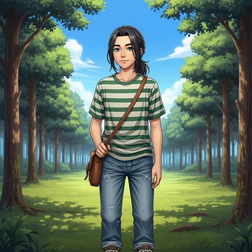 Asian 13-Year-Old Boy with Blue Eyes and Long Hair in Forest