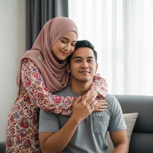 Malaysian Couple Embracing Love at Home: Hijab and Identity