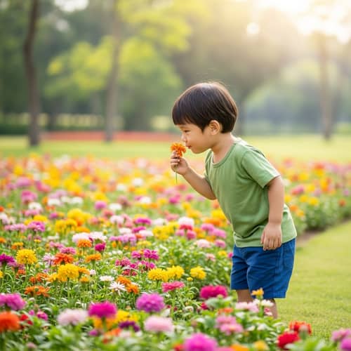 Young Boy Enjoying Floral Fragrance in Lush Garden