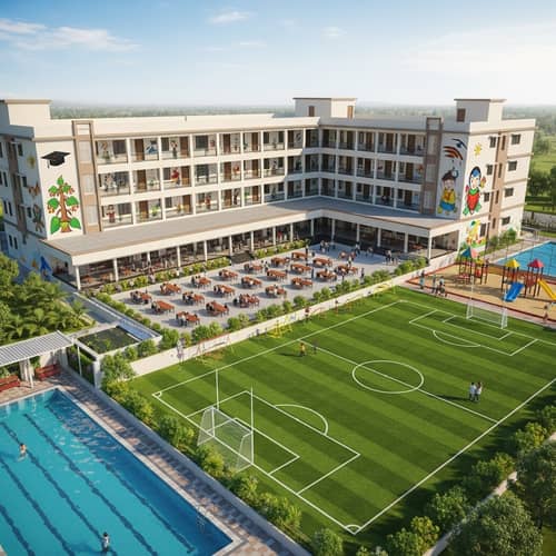 School Campus with Cafeteria, Football Field, Swimming Pool & Playground