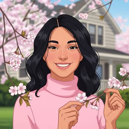 Smiling Young Woman in Pink Turtleneck with Cherry Blossom | Vintage Anime Style