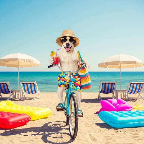 Fashionable Dog at Busy Beach Resort: Retro Vacation Vibes