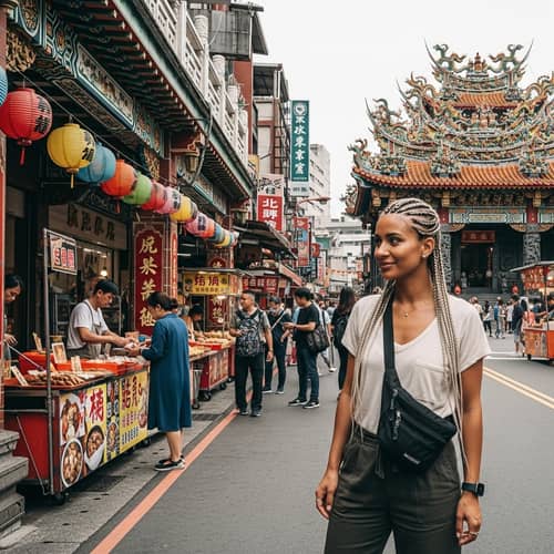 Taiwan Street Scene: Woman with Braids & Light Brown Skin