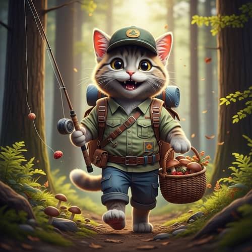 Cartoon Cat in Hiking Gear Collecting Mushrooms and Berries
