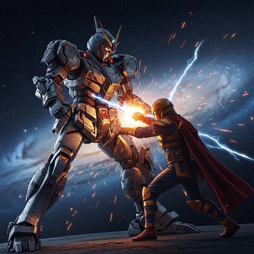 Intergalactic Robot Vs Colorful Superhero Battle in Outer Space