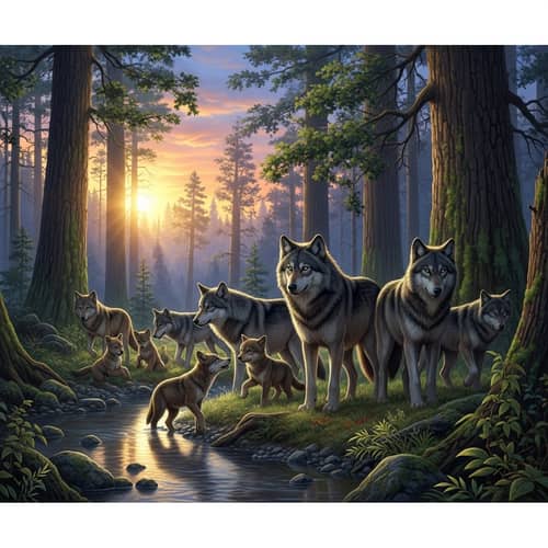 Wild Wolf Pack in Dense Forest at Dawn