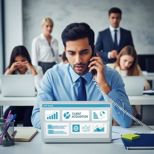Engaging South Asian Salesman in High-energy Office Environment