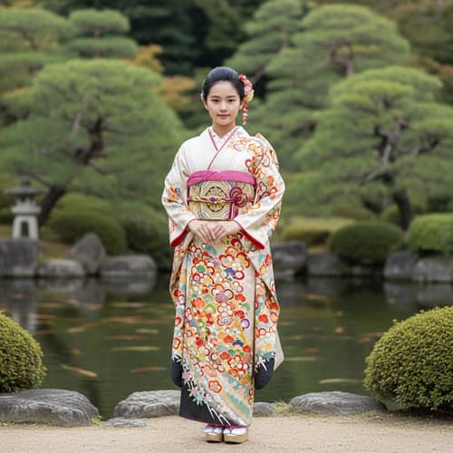 Beautiful East Asian Young Girl in Traditional Kimono