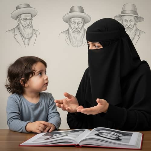 Photo-Realistic Image of Mother Engaging Child with Stories about Famous Rabbis