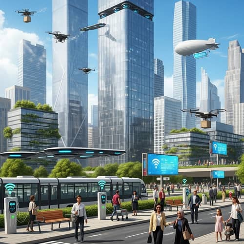 Futuristic Cityscape in 2030: Skyscrapers, Hover Cars & Smart City Elements