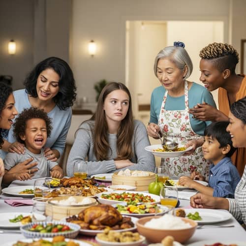 Family Dinner Illustration: Teenage Girl Daydreaming Amidst Vibrant Chaos