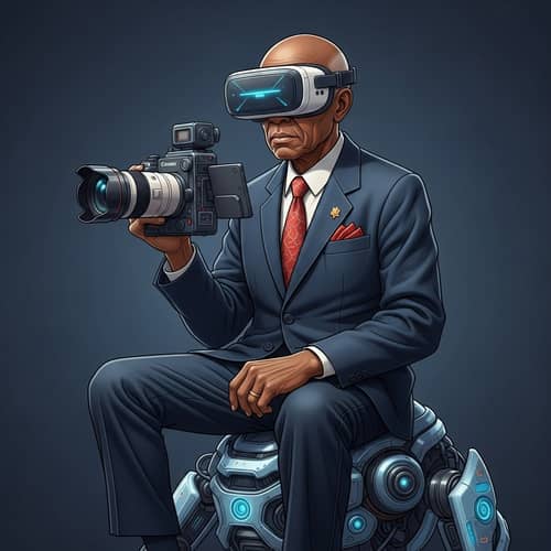 Rich Bald African American Photographer with Futuristic Canon Camera and Apple Oculus