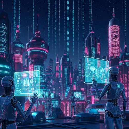 Futuristic AI Evolution: Thriving Neon Cityscape with Humanoid Robots