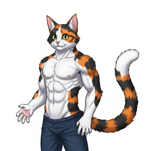 Muscular Humanoid Calico Cat: Majestic Strength & Elegance