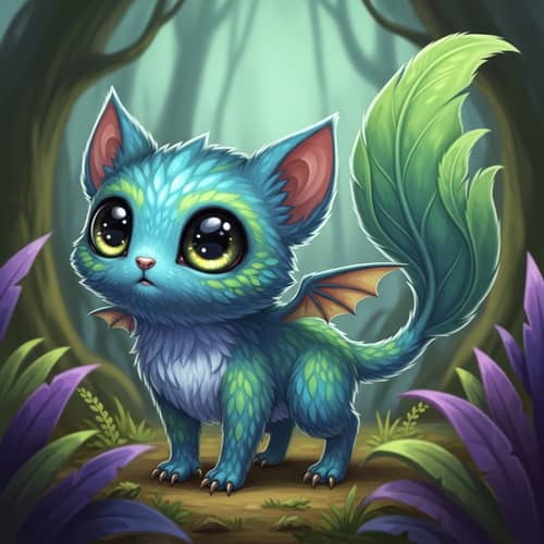 Fantasy Creature with Large Eyes and Leaf-like Tail