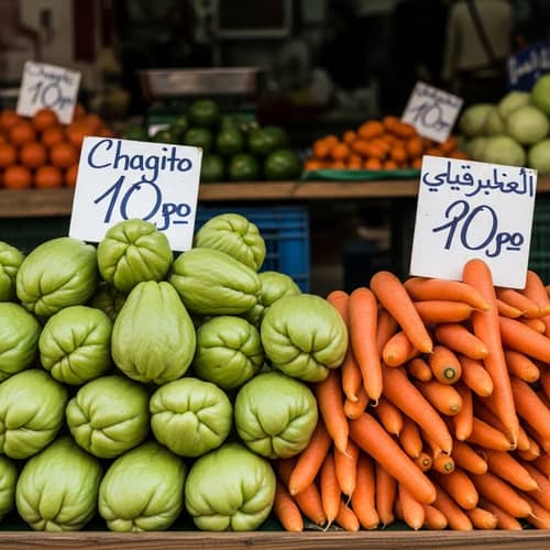 Fresh Chayote and Carrots at Vibrant Market Stall