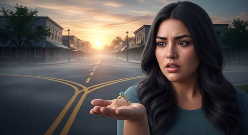 Cryptic Crossroads at Sunset: Enigmatic Scene with Youthful Woman