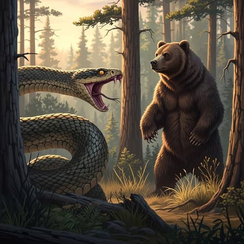 Wilderness Battle: Snake vs Bear - Tense Encounter in Forest