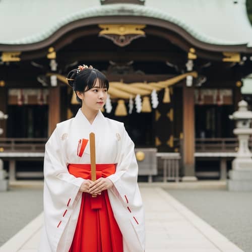 Japanese Miko Priestess in Traditional Attire at Shinto Shrine