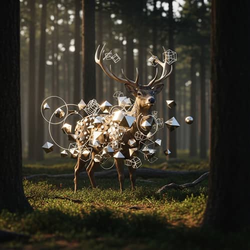Majestic Deer with Metallic Geometric Shapes | Surreal Forest Art