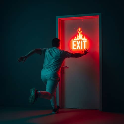 Caucasian Male Sprinting Towards Glowing 'Exit' Sign