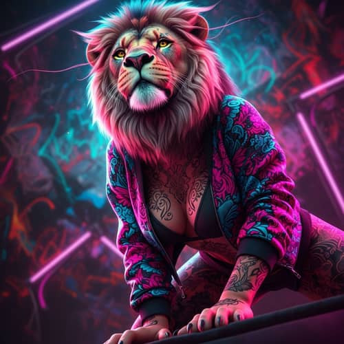 Futuristic Realistic Lion in Vibrant Clothes | Urban Neon Art