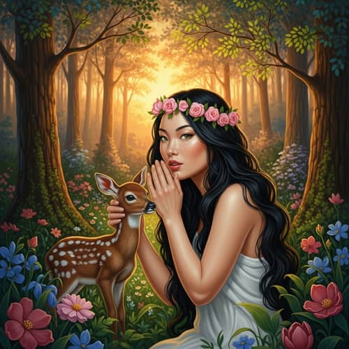 Magical Forest Nymph: Enchanting Scene with Fawn and Flowers