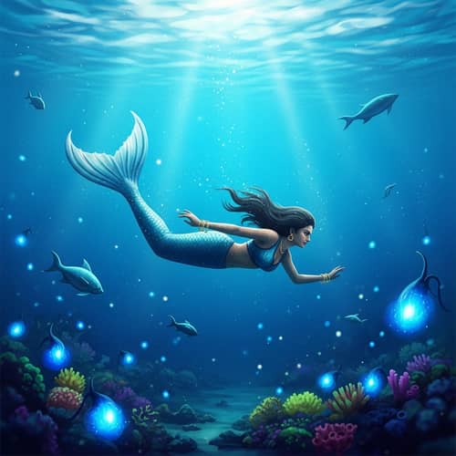 Surreal Underwater Scene with South Asian Mermaid and Bioluminescent Sea Creatures