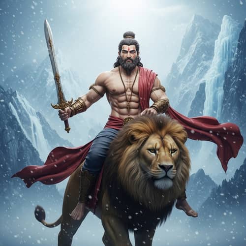 Mythical Figure Seated on Lion in Himalayas | High-Quality 3D Image
