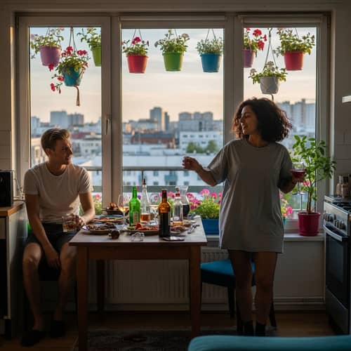 City Apartment Kitchen Scene at Dawn: A Story of Playful Interaction