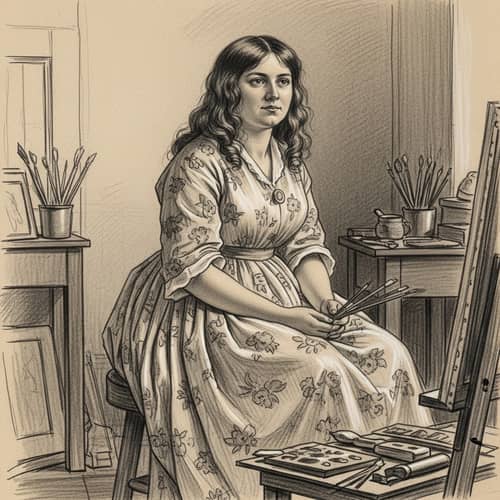 Mid-19th Century Charcoal Drawing of Woman in Floral Dress