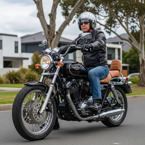 Middle-aged Eastern Asian Man Riding Classic-Style Motorbike