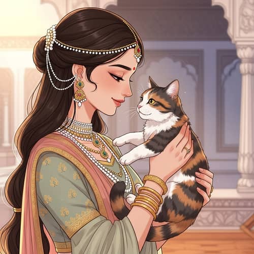 South Asian Princess with Domestic Cat | Warm Bond Illustration