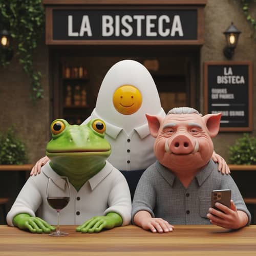 Quirky 3D Characters Photo: Pig, Egg, and Frog Faces Behind Table