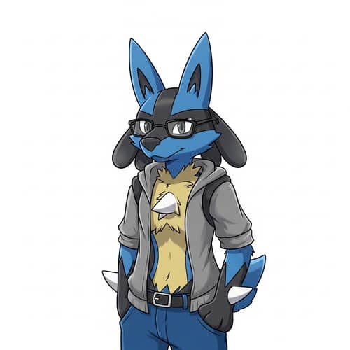 Lucario with Glasses and Casual Clothes - Unique Anthropomorphized Creature